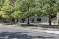 a city street filled with lots of trees and shrubs near a sidewalk lined with benches