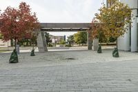 a tree lined walkway between two concrete statues and two buildings with red leaves on it