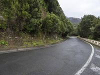 a mountain road with steep hillside and trees next to it and a hill top on the right