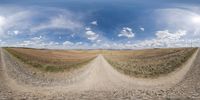 a wide angle shot of a dirt road with cloudy sky above it and dirt fields