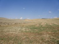 a farm field with freshly mowed grass under a partly blue sky in the distance