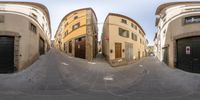 three photos showing a narrow alley street with buildings, one curved and the other a circular