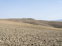 a brown hill on a clear day with a tree near by and dirt fields below