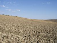 a brown hill on a clear day with a tree near by and dirt fields below