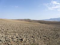 a brown hill on a clear day with a tree near by and dirt fields below