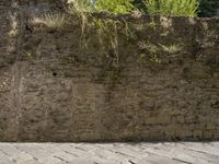 a person sits on a bench near a stone wall with moss growing on it, looking down the street