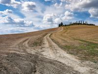 two roads on the top of a hill with cypress trees in the distance and an overcast blue sky above