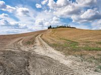 two roads on the top of a hill with cypress trees in the distance and an overcast blue sky above