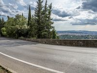 a curve in the road with trees and mountains in the background on a cloudy day