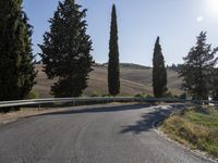 the road is paved with an empty curve next to trees in the hills and fields