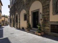 a street filled with potted plants and old stone buildings on both sides of it