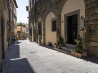 a street filled with potted plants and old stone buildings on both sides of it