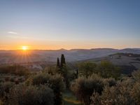 the sun shines brightly in this beautiful, tuscan - like landscape, but the light reflects it's orange color