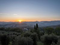 the sun shines brightly in this beautiful, tuscan - like landscape, but the light reflects it's orange color