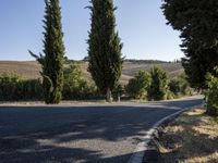 a man riding his motorcycle along the road between trees and fields as a woman walks away