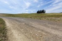 dirt road going up a hill with a grassy field next to it and an open hillside in the background