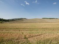 a pasture with brown grass and hills in the background of blue skies and clouds overhead