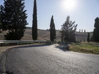 a scenic country road curves into an empty area near tall trees and green hills and shrubs