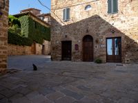 a stone road with a brown door and black cat in the middle of a street