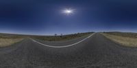 a camera panoramic view of a highway at twilight with a sun above and a road sign on both sides