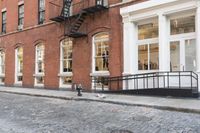 two cats and an umbrella are sitting on the sidewalk in front of a building with doors