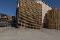 two men walk around with pallets stacked behind them in the sun next to a warehouse