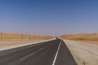 an empty highway in the middle of desert with power poles along the roadsides and poles at each end