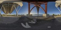 two 360 - images of the underside of a long bridge and the surrounding area underneath it