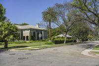 street corner at an upscale residential area with palm trees in foreground and apartment complex to the right