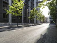 the street in front of a tall building on a sunny day with trees on both sides