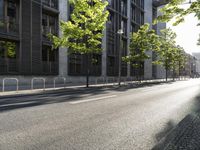 the street in front of a tall building on a sunny day with trees on both sides