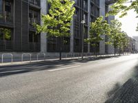 the street in front of a tall building on a sunny day with trees on both sides