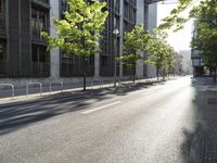 the street in front of a tall building on a sunny day with trees on both sides