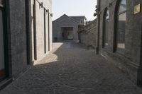 the person is walking down the street near old buildings on a sunny day with a red umbrella