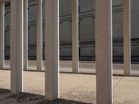 an image of there are columns in the street next to the building, which is tall