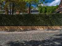 a long empty brick street with tall buildings in the background on a sunny day with some people walking around