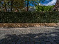 a long empty brick street with tall buildings in the background on a sunny day with some people walking around