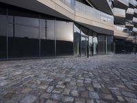 a person walking down an empty brick path on the other side of a building with a sky