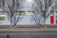 three bare trees and a street light by the curb of a building with red door