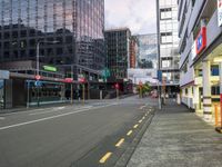 the empty street with buildings and a fire hydrant on one side and a stoplight on the other side