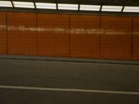 a person standing in an orange room on a skateboard in hand with an empty street in front