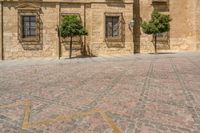 a person walking on a brick road in front of a building with several green trees