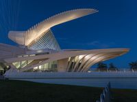 white architectural structure in the evening with lights on it's roof and large fish shaped shapes