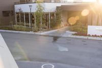 a couple of buildings with a tree and an umbrella outside of it in the sunlight