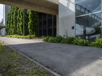 a building with glass walls is shown through the grass near the sidewalk and stairs to it