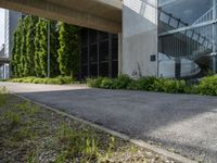 a building with glass walls is shown through the grass near the sidewalk and stairs to it