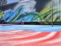 a colorful skate park with a person jumping up high in the air on the ground