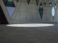 a shadow is seen on the pavement in front of a building with windows and triangles