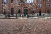 two parking meters are in front of an old brick building with large windows, and some trees and other bushes and bushes