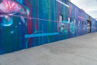 the colorful painted graffiti is on the side of a building near a blue fire hydrant